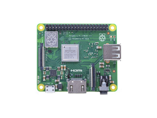 The Raspberry Pi 3 Model A+ is a single-board computer with a 1.4GHz quad-core processor, 512MB RAM, and wireless connectivity features.