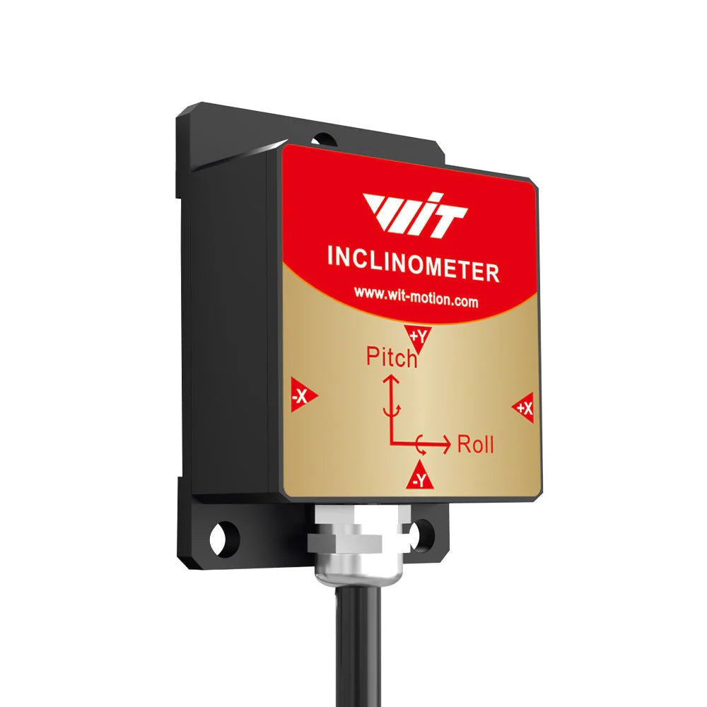 WitMotion inclinometer features 6-axis gyro, 3-axis accelerometer, multiple interfaces, ±16g range, and 0.05° accuracy.