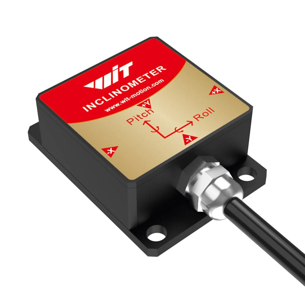 WitMotion Inclinometer: IP67-rated, supports RS232/RS485/CAN, 0.2–200 Hz, measures pitch and roll. Visit www.wit-motion.com.