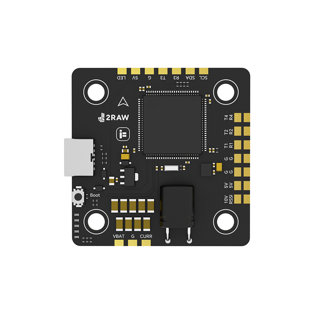 iFlight 2RAW Thunder H7 flight controller board with boot button, side connector, and labeled solder pads