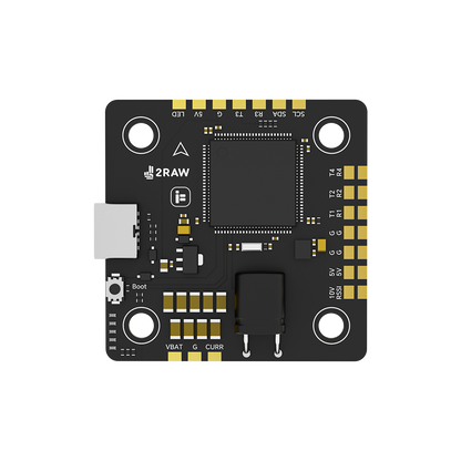 iFlight 2RAW Thunder H7 flight controller board with boot button, side connector, and labeled solder pads