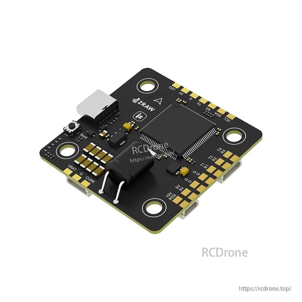 iFlight 2RAW Thunder H7 flight controller board with USB port, boot button, and labeled solder pads