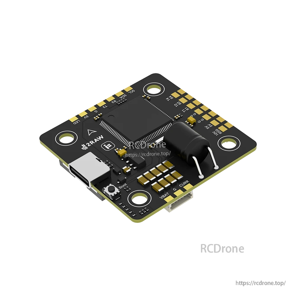 iFlight 2RAW Thunder H7 flight controller board with USB-C port, boot button, and labeled solder pads