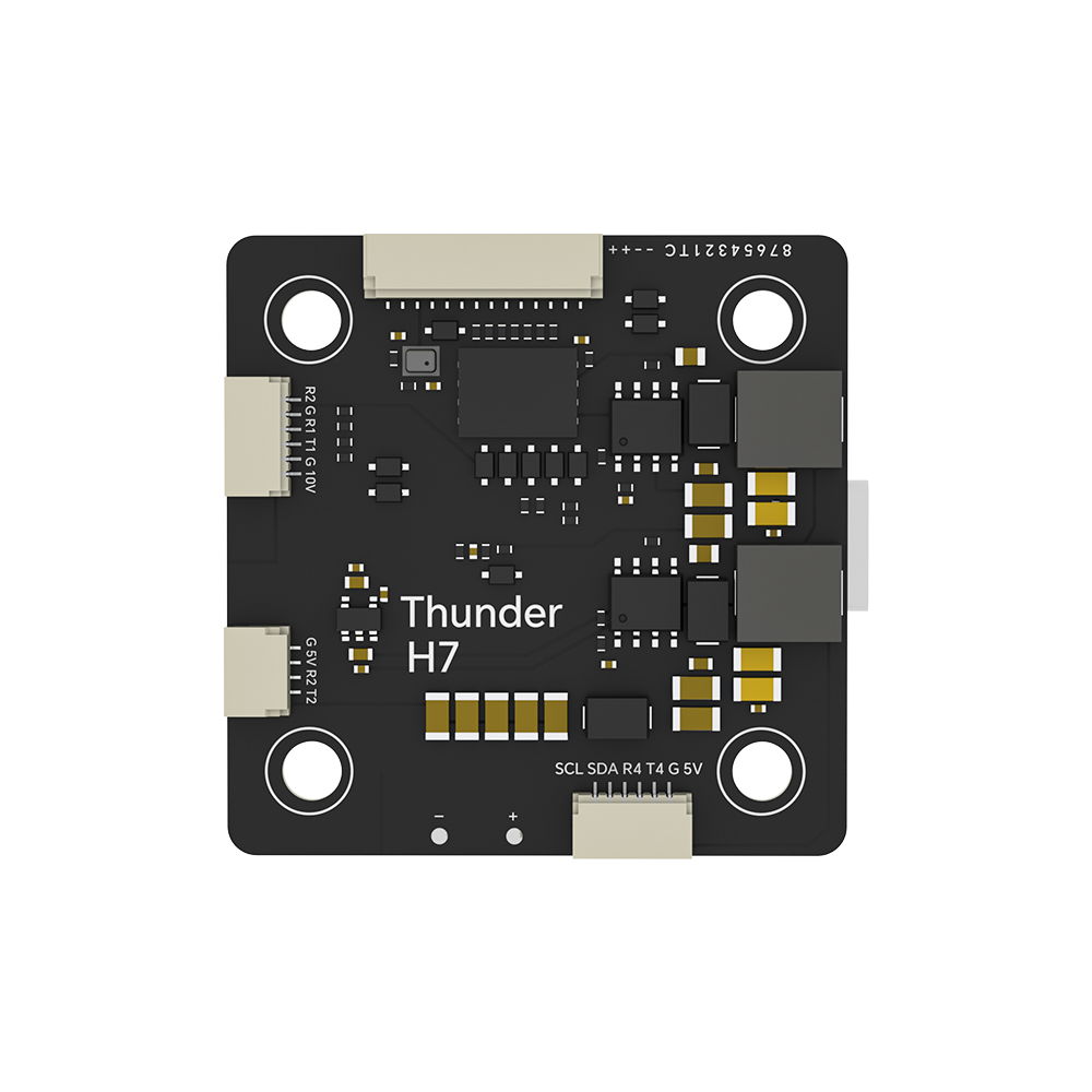 iFlight 2RAW Thunder H7 flight controller board with four mounting holes, plug connectors, and labeled solder pads