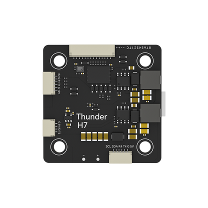 iFlight 2RAW Thunder H7 flight controller board with four mounting holes, plug connectors, and labeled solder pads