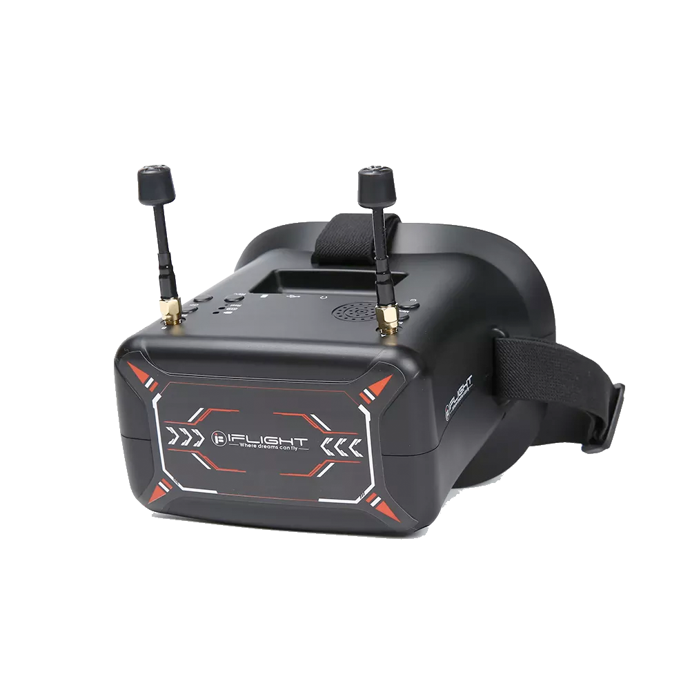 iFlight 4.3-Inch 800x480 Analog FPV Goggle, iFlight analog FPV goggles with dual antenna mounts, top control buttons, and adjustable head strap
