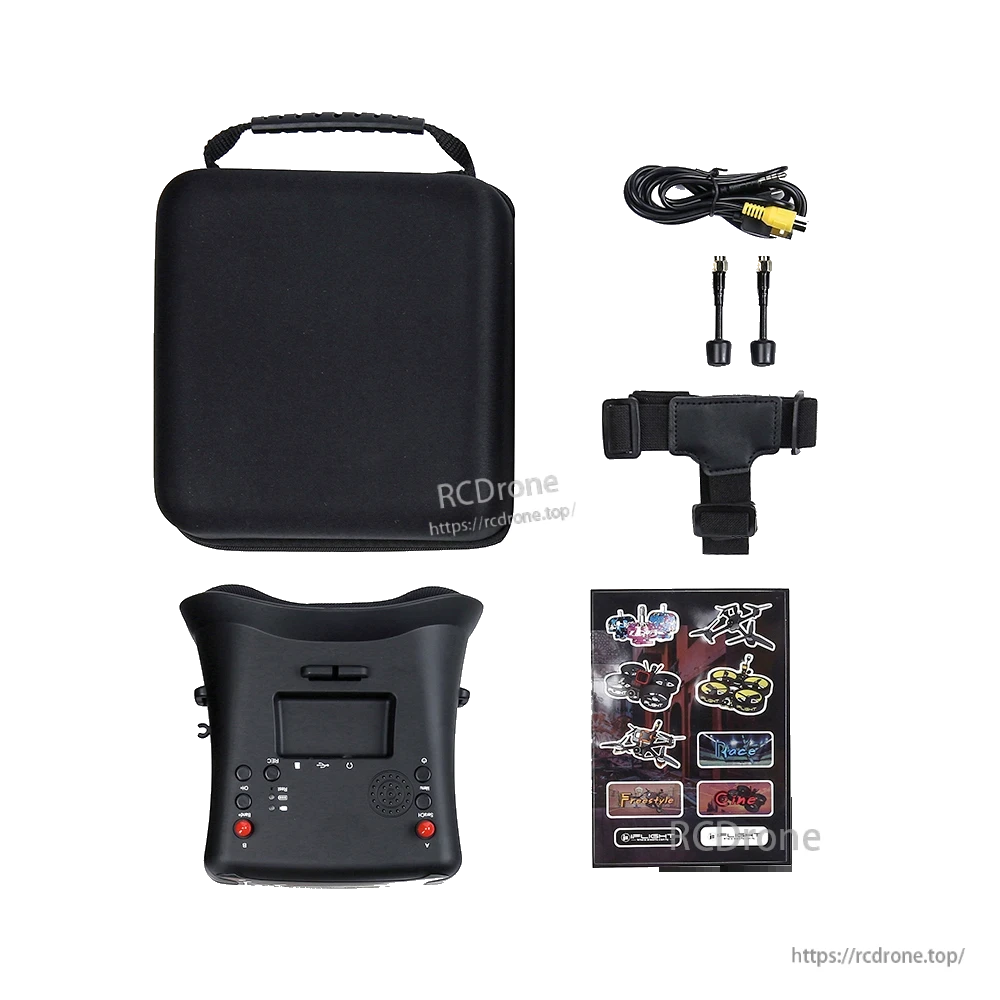 iFlight 4.3-Inch 800x480 Analog FPV Goggle, iFlight analog FPV goggle kit with black 4.3-inch screen unit, carry case, head strap, antennas, and AV cable