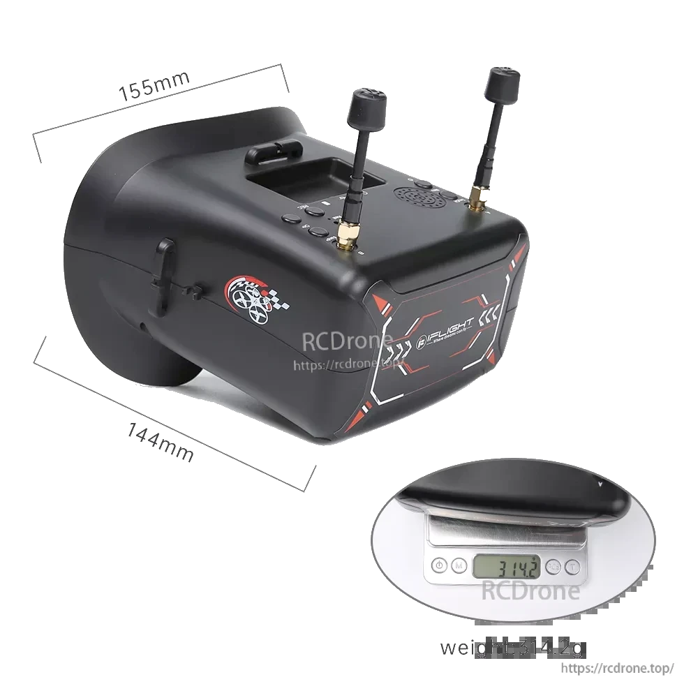 iFlight 4.3-Inch 800x480 Analog FPV Goggle, iFlight analog FPV box goggles with dual antennas and top control buttons; size 165 mm x 84 mm, 314.2 g