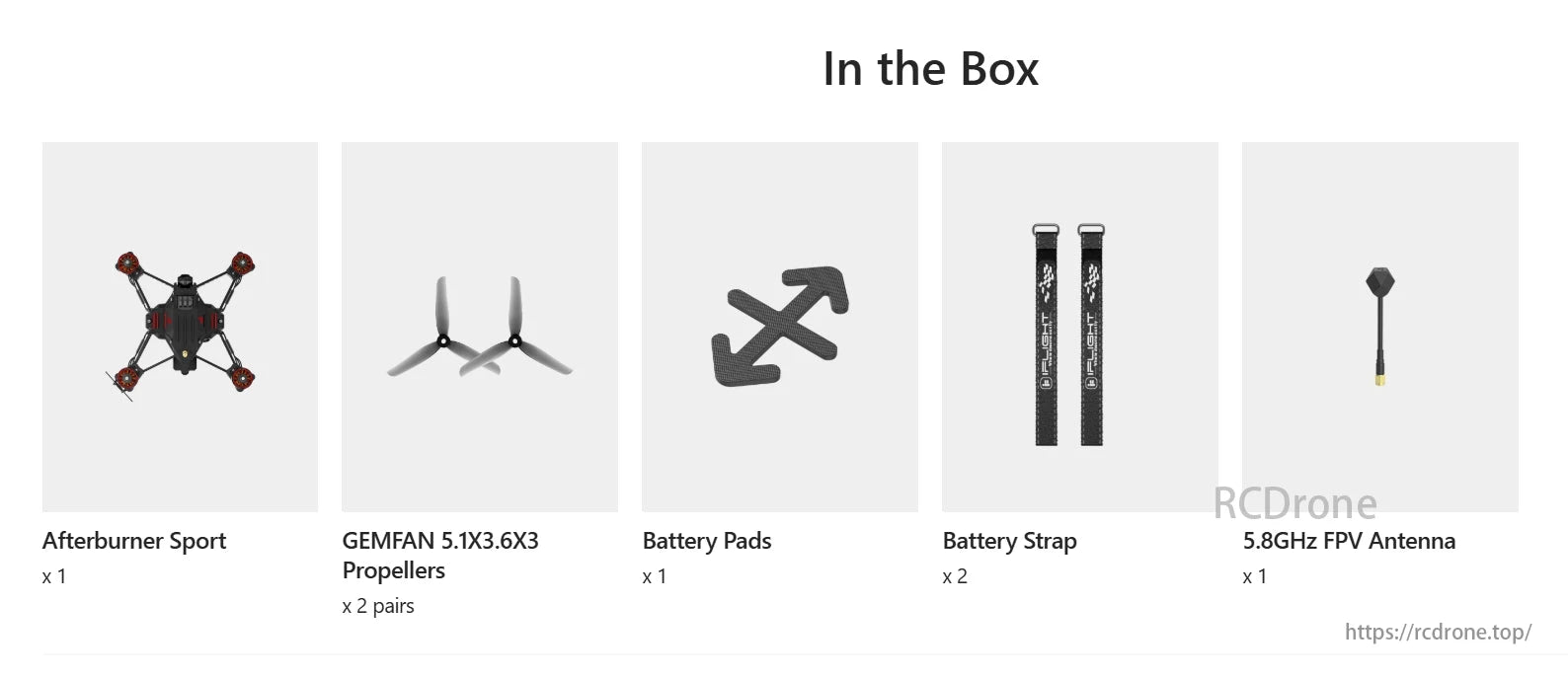 iFlight Afterburner Sport O4 6S HD 4K 5-Inch FPV, The box includes Afterburner Sport propellers, battery accessories, and a 5.8GHz FPV antenna.