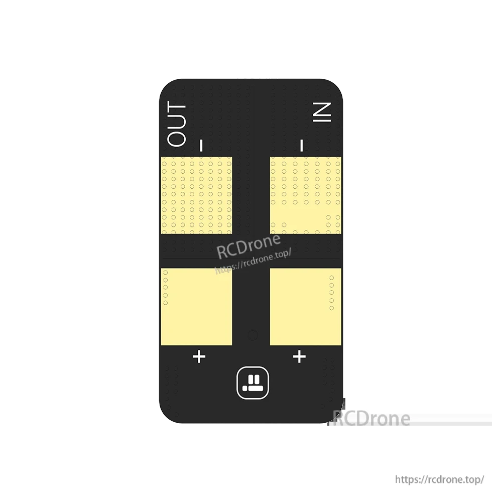 Anti-spark filter PCB for XT60 power leads with clearly labeled IN/OUT and large positive solder pads