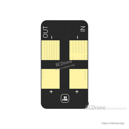 Anti-spark filter PCB for XT60 power leads with clearly labeled IN/OUT and large positive solder pads