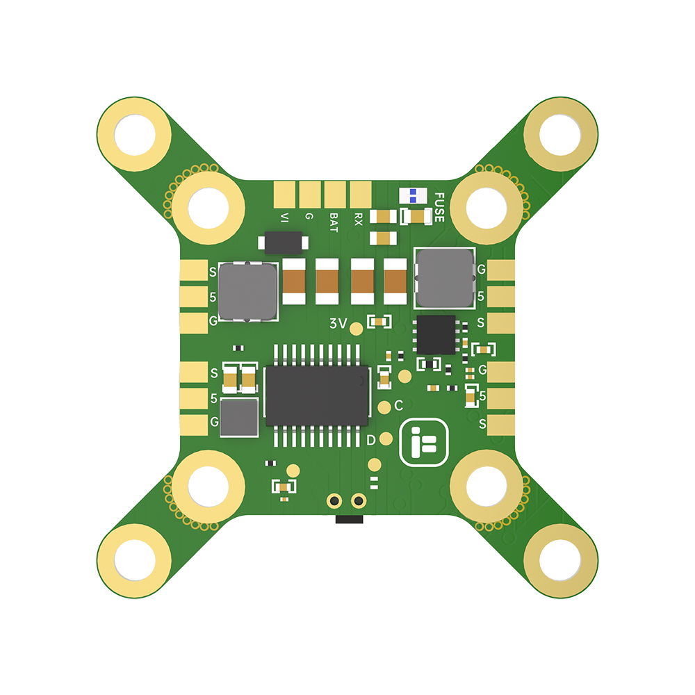 Top view of iFlight BLITZ 25mW Race VTX PCB with 4 mounting holes, fuse, and labeled solder pads