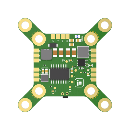 Top view of iFlight BLITZ 25mW Race VTX PCB with 4 mounting holes, fuse, and labeled solder pads