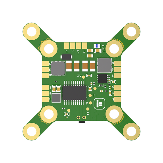 Top view of iFlight BLITZ 25mW Race VTX PCB with 4 mounting holes, fuse, and labeled solder pads