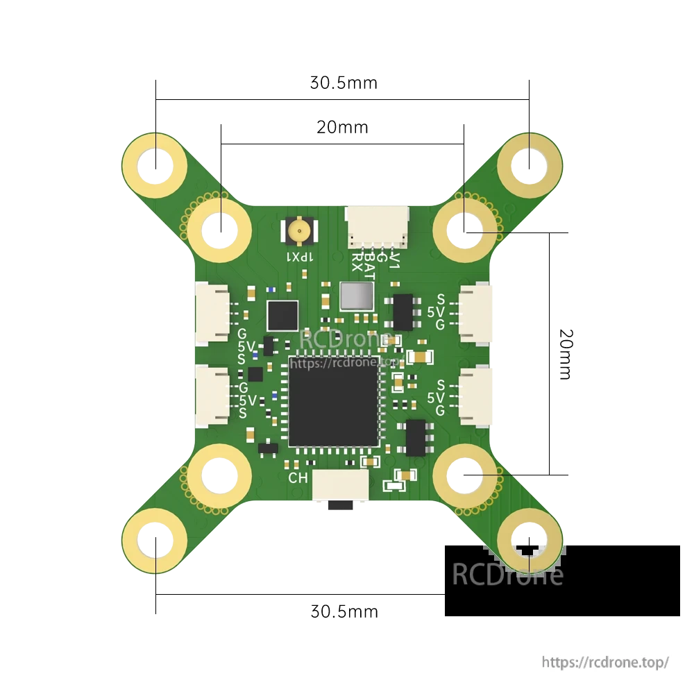 iFlight BLITZ 25mW Race VTX, iFlight BLITZ Race VTX 25mW board with IPEX antenna connector, 5V/BAT pads, and 30.5mm mounting holes
