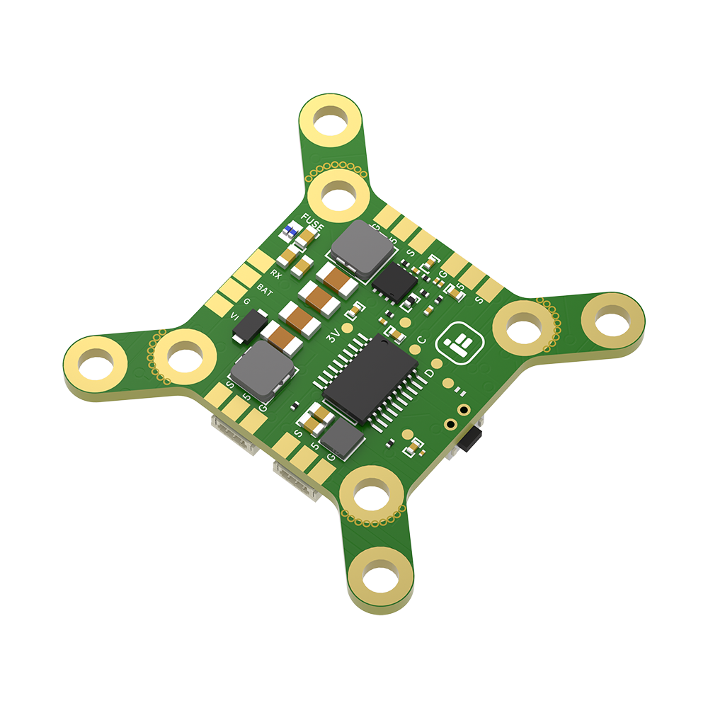 iFlight BLITZ 25mW Race VTX PCB with star-shaped mounting holes, fuse, and labeled BAT, G, 5V, and RX pads