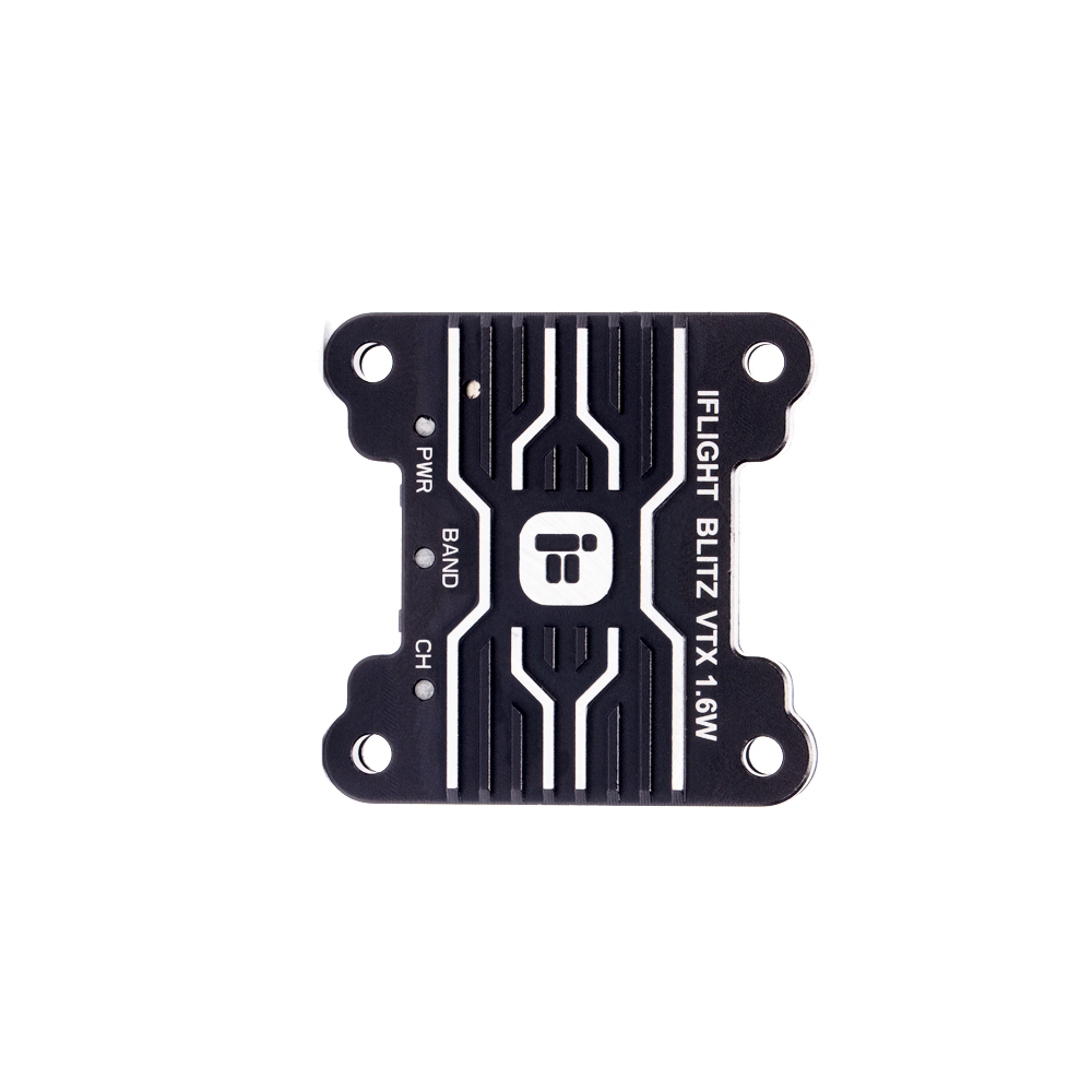 iFlight BLITZ 5.8GHz 1.6W FPV VTX, Top view of iFlight BLITZ 5.8GHz FPV VTX 1.6W module with heatsink case, PWR/BAND/CH buttons and mounting holes