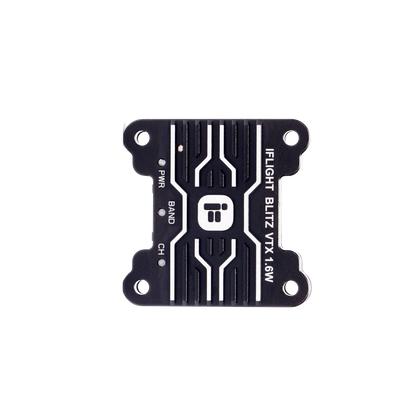 iFlight BLITZ 5.8GHz 1.6W FPV VTX, Top view of iFlight BLITZ 5.8GHz FPV VTX 1.6W module with heatsink case, PWR/BAND/CH buttons and mounting holes
