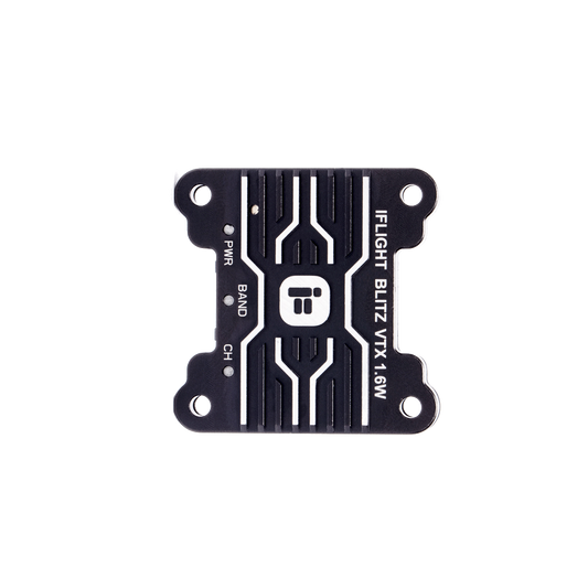 iFlight BLITZ 5.8GHz 1.6W FPV VTX, Top view of iFlight BLITZ 5.8GHz FPV VTX 1.6W module with heatsink case, PWR/BAND/CH buttons and mounting holes