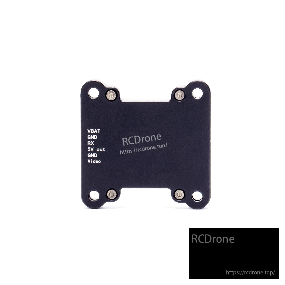 iFlight BLITZ 5.8GHz 1.6W FPV VTX, FPV video transmitter mounting plate with VBAT, GND, RX, 5V out and V video pad labels and four holes