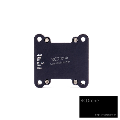iFlight BLITZ 5.8GHz 1.6W FPV VTX, FPV video transmitter mounting plate with VBAT, GND, RX, 5V out and V video pad labels and four holes