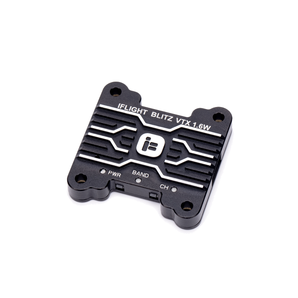 iFlight BLITZ 5.8GHz 1.6W FPV VTX, iFlight BLITZ VTX 1.6W 5.8GHz FPV video transmitter module with black heatsink and PWR/BAND/CH buttons