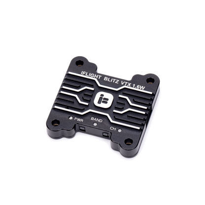 iFlight BLITZ 5.8GHz 1.6W FPV VTX, iFlight BLITZ VTX 1.6W 5.8GHz FPV video transmitter module with black heatsink and PWR/BAND/CH buttons