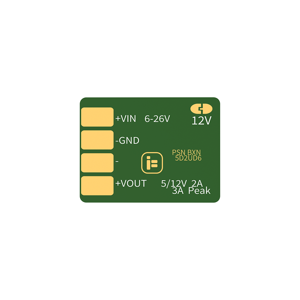 iFlight BLITZ BEC step-down regulator board with +VIN 6–26V, GND and +VOUT pads, 5/12V 2A output