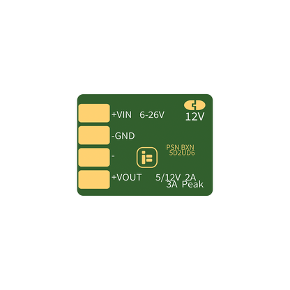 iFlight BLITZ BEC step-down regulator board with +VIN 6–26V, GND and +VOUT pads, 5/12V 2A output