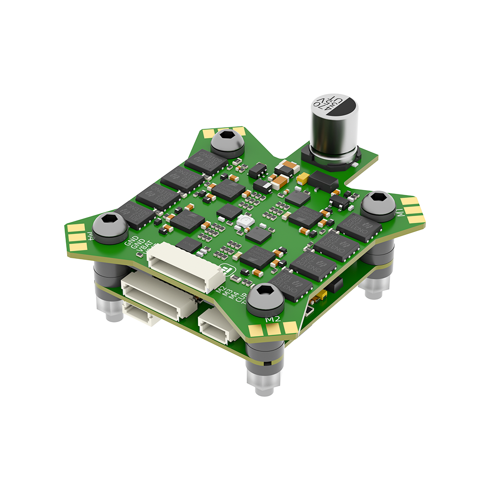 iFlight BLITZ F7 FPV flight controller board stack with JST connectors, mounting holes, and capacitor