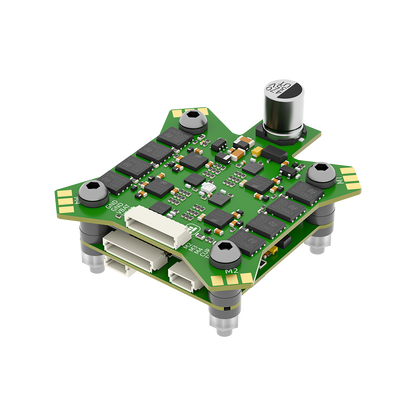 iFlight BLITZ F7 FPV flight controller board stack with JST connectors, mounting holes, and capacitor