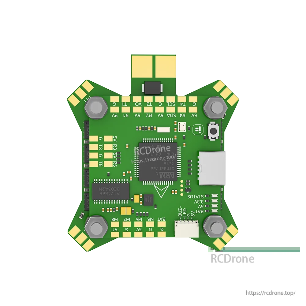 iFlight BLITZ F7 FPV flight controller board with USB port, boot button, and labeled solder pads