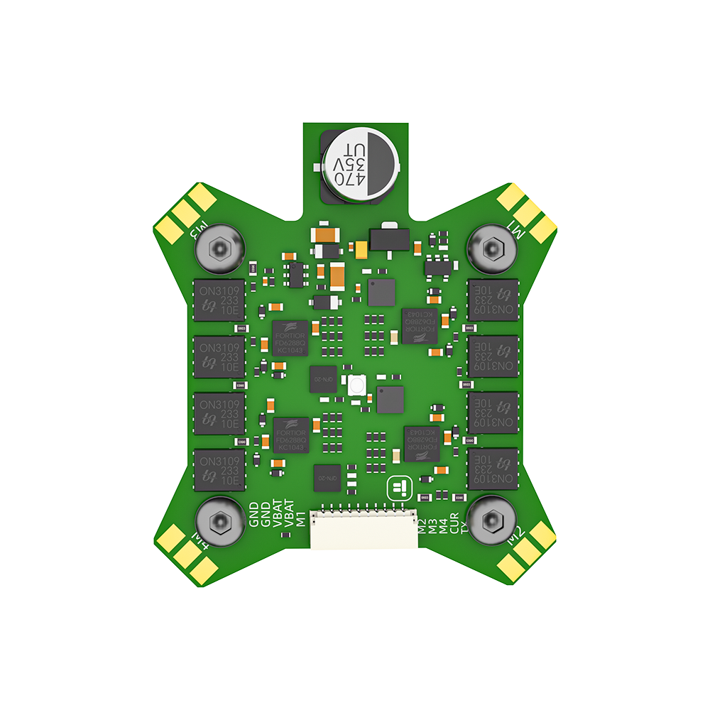 iFlight BLITZ F7 FPV flight controller PCB with labeled VBAT/GND and M1–M4 pads and a multi-pin connector