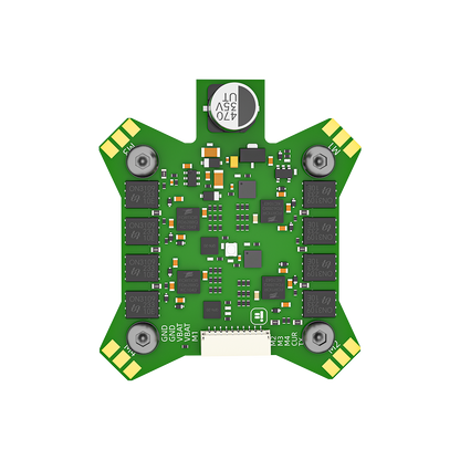 iFlight BLITZ F7 FPV flight controller PCB with labeled VBAT/GND and M1–M4 pads and a multi-pin connector