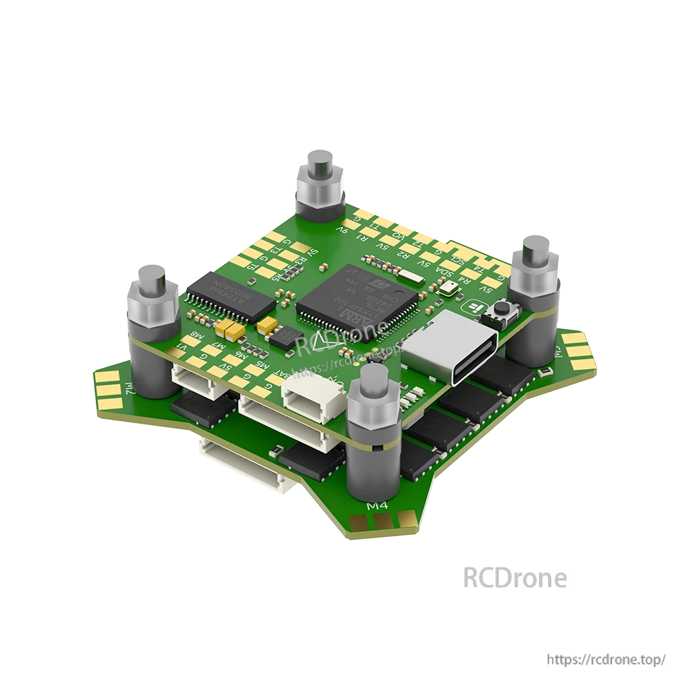 iFlight BLITZ F7 FPV flight controller board with USB-C port, plug connectors, and corner mounting standoffs