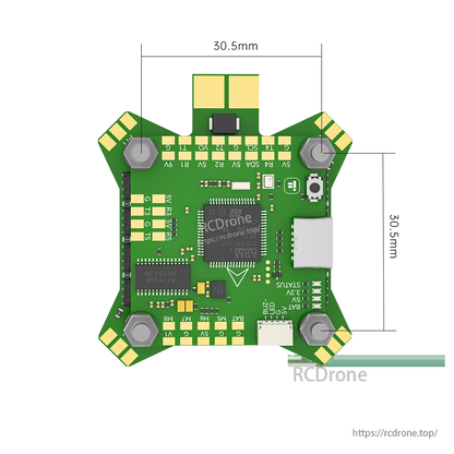 Top view of iFlight BLITZ F7 FPV flight controller board with labeled solder pads, USB port, and mounting holes.