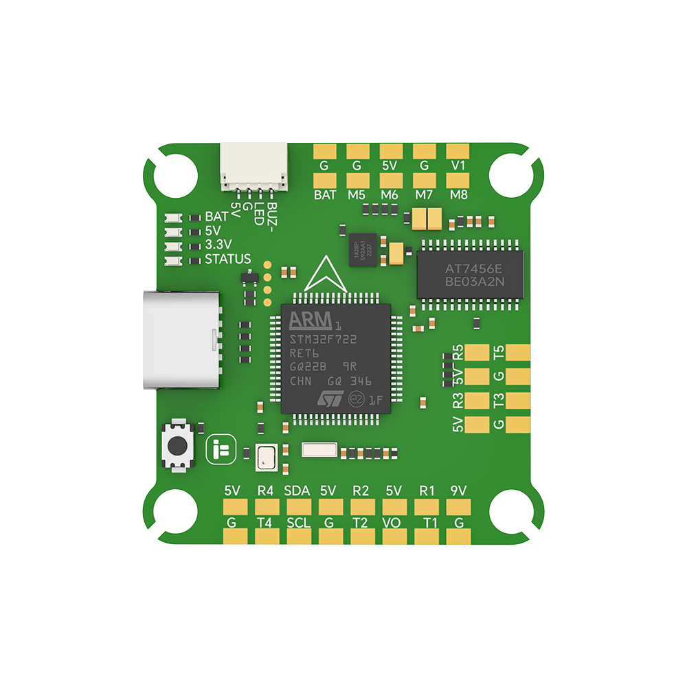 iFlight BLITZ F7 V1.2 flight controller board with STM32F722 chip, USB port, and labeled BAT/5V/SDA-SCL pads
