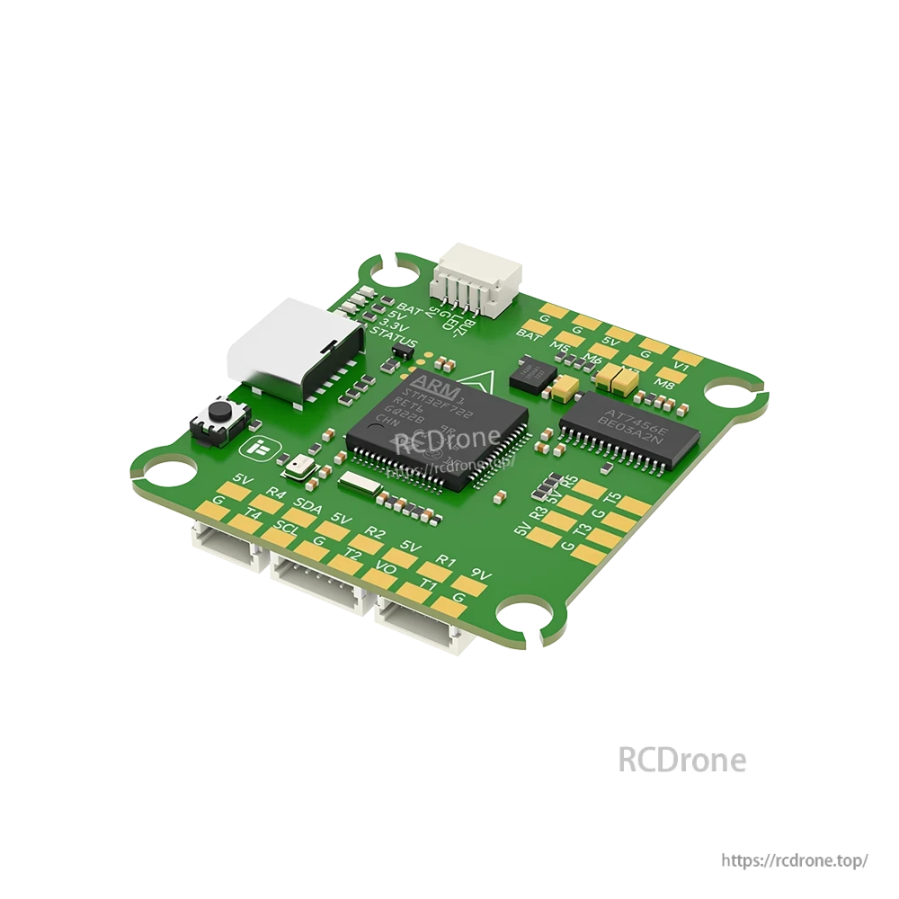 iFlight BLITZ F7 V1.2 flight controller board with USB port, button, and labeled solder pads for 5V, GND, and BAT