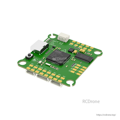 iFlight BLITZ F7 V1.2 flight controller board with USB port, button, and labeled solder pads for 5V, GND, and BAT