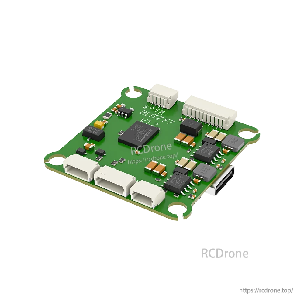 iFlight BLITZ F7 V1.2 flight controller board with USB-C port, JST plug connectors, and mounting holes