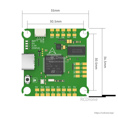 iFlight BLITZ F7 V1.2 flight controller board with USB port, button, and labeled BAT/5V/3.3V solder pads