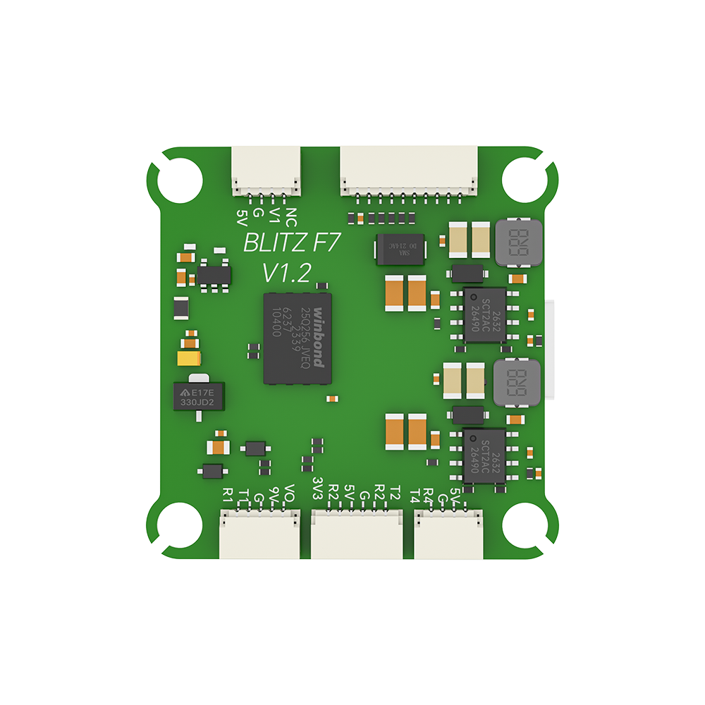 iFlight BLITZ F7 V1.2 flight controller board with labeled solder pads, plug-in connectors, and corner mounting holes