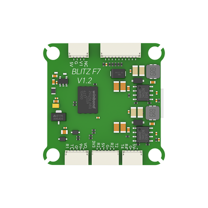 iFlight BLITZ F7 V1.2 flight controller board with labeled solder pads, plug-in connectors, and corner mounting holes