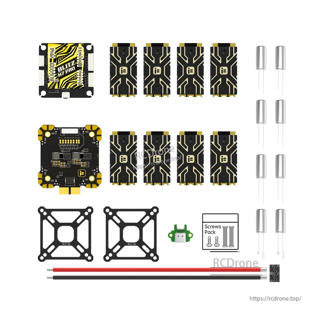 iFlight BLITZ H7 Pro flight controller kit with FC board, mounting plates, silicone dampers, screws, and wires