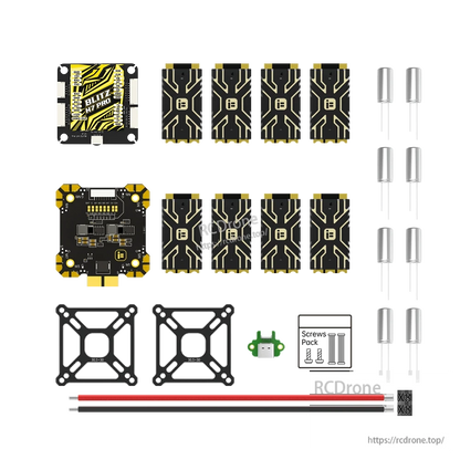 iFlight BLITZ H7 Pro flight controller kit with FC board, mounting plates, silicone dampers, screws, and wires