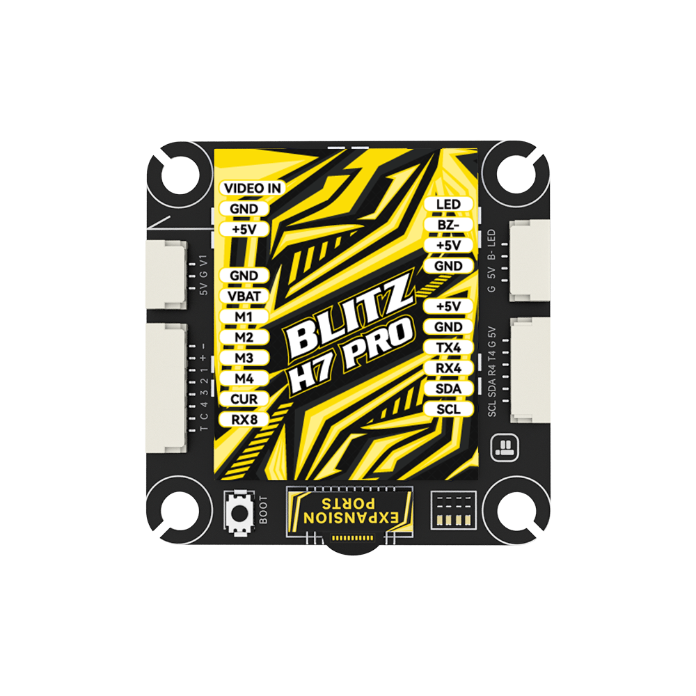 Top view of iFlight BLITZ H7 Pro flight controller board with labeled pads for Video In, VBAT, motors, UART4, LED.