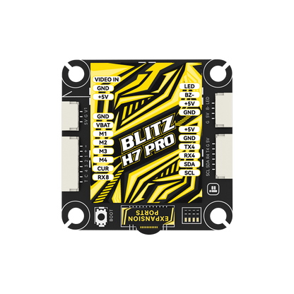 Top view of iFlight BLITZ H7 Pro flight controller board with labeled pads for Video In, VBAT, motors, UART4, LED.