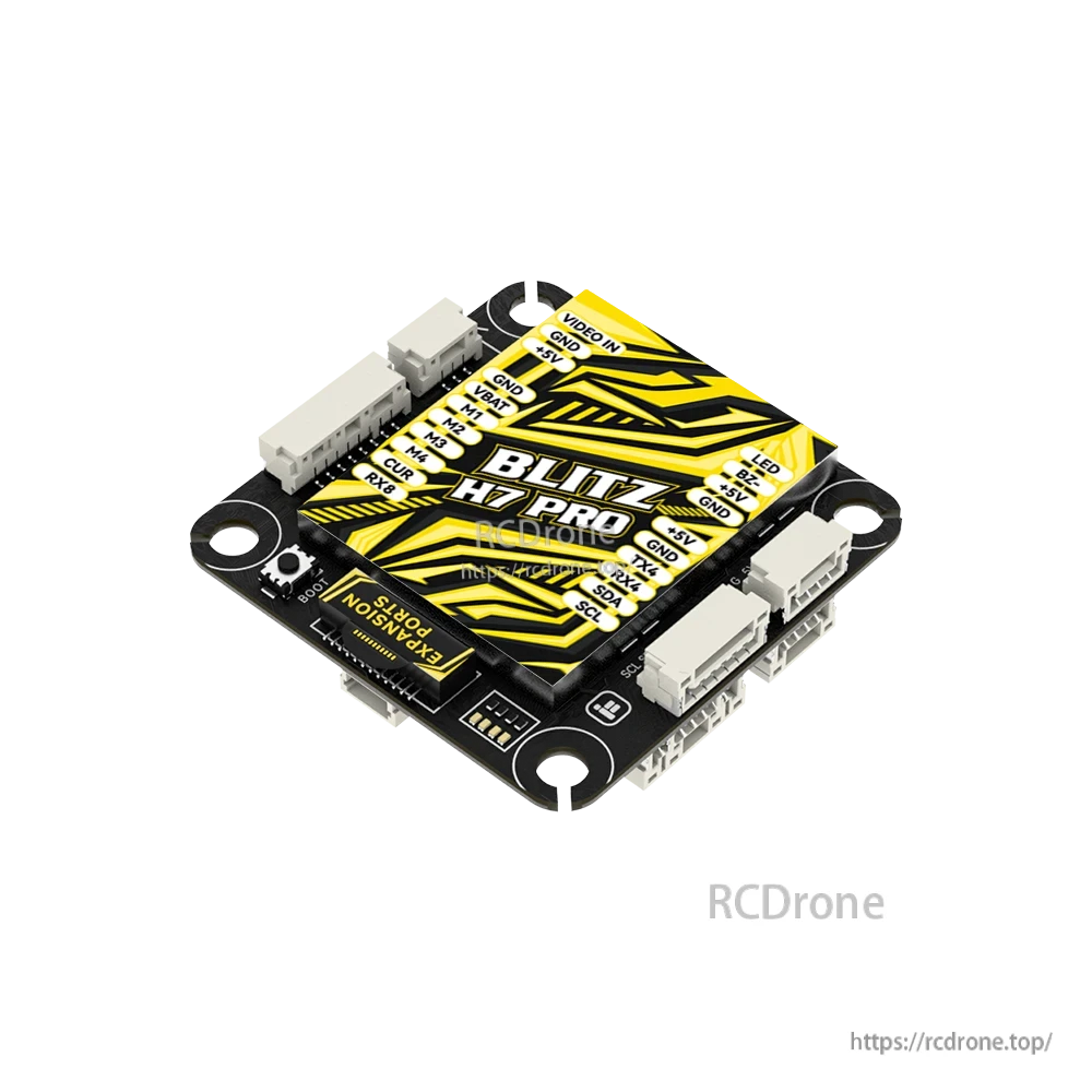 iFlight BLITZ H7 Pro flight controller board with labeled pads, JST connectors, and four mounting holes