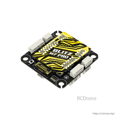iFlight BLITZ H7 Pro flight controller board with labeled pads, JST connectors, and four mounting holes
