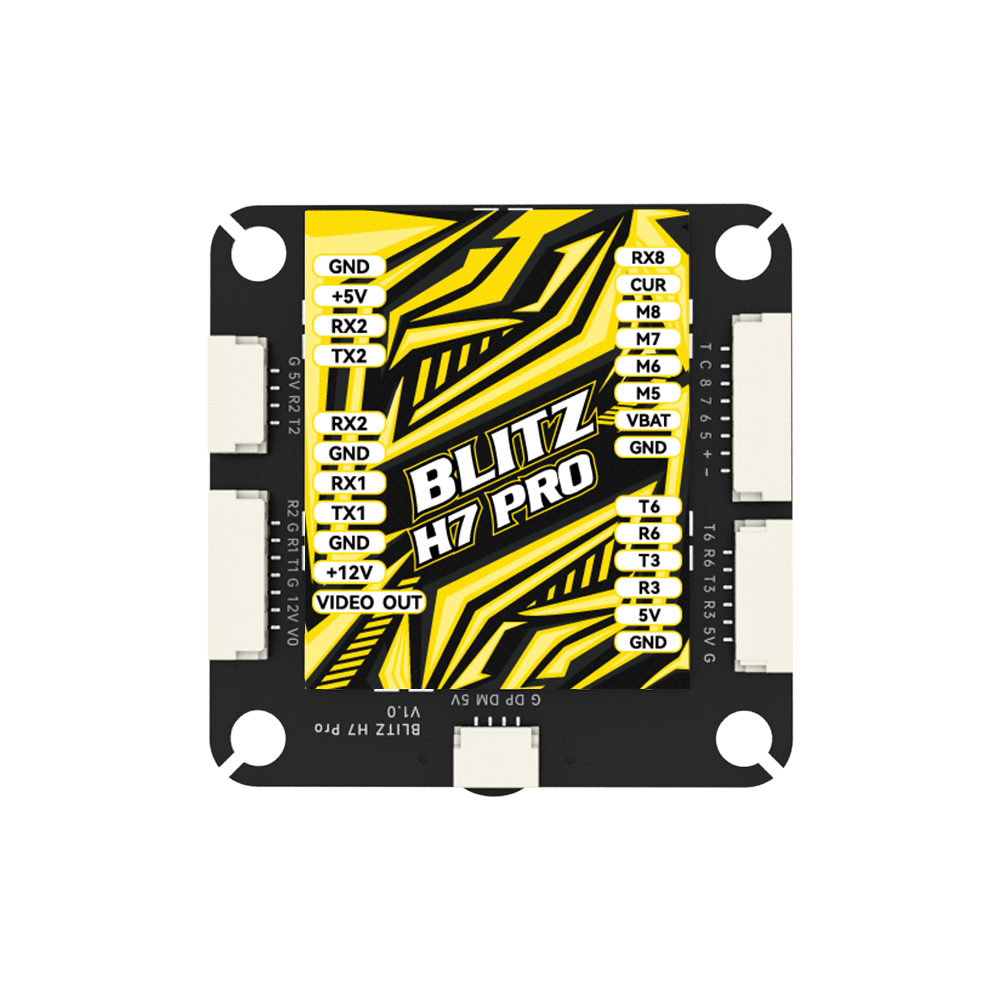 Top view of iFlight BLITZ H7 Pro flight controller with labeled pads and side connectors for RX/TX, 5V, 12V, VBAT and GND.